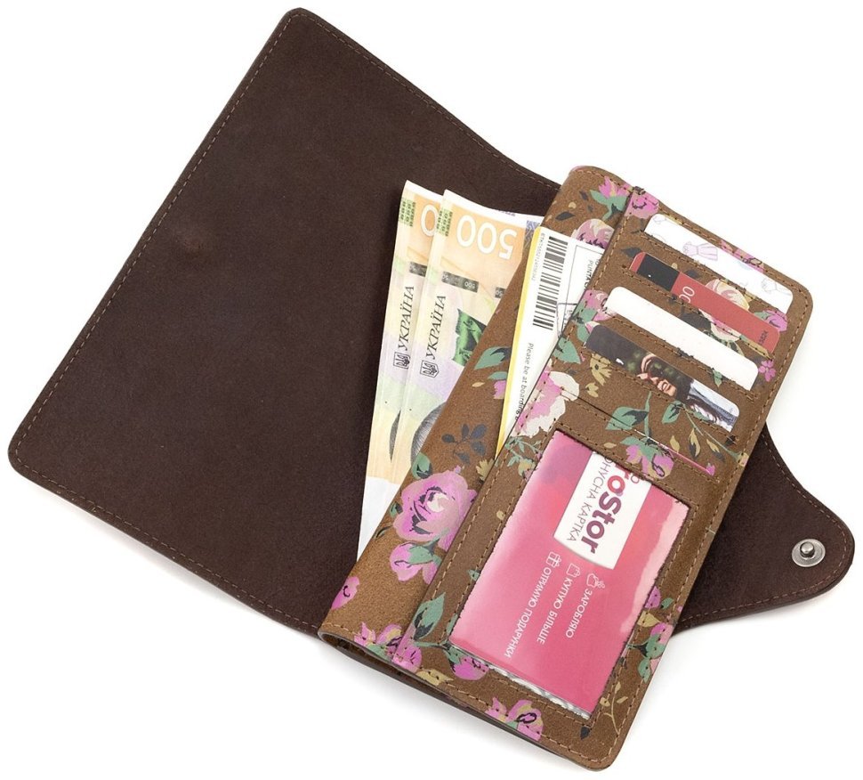 Стильный женский кошелек из натуральной кожи коричневого цвета с красивым принтом в виде цветов Yoshi Hunter Roses (Великобритания) 91476 modnotak фото №6