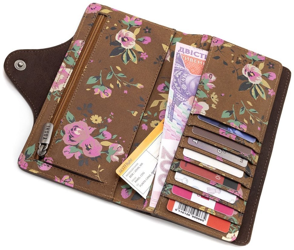 Стильный женский кошелек из натуральной кожи коричневого цвета с красивым принтом в виде цветов Yoshi Hunter Roses (Великобритания) 91476 modnotak фото №7