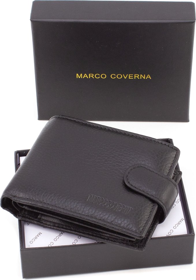 Компактне чоловіче портмоне з телячої шкіри чорного кольору Marco Coverna (21590)