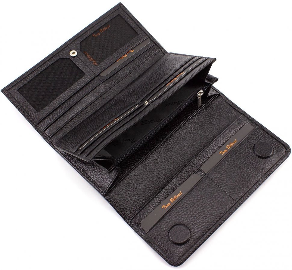 Кожаный длинный кошелек черного цвета на магнитах Tony Bellucci (10526)