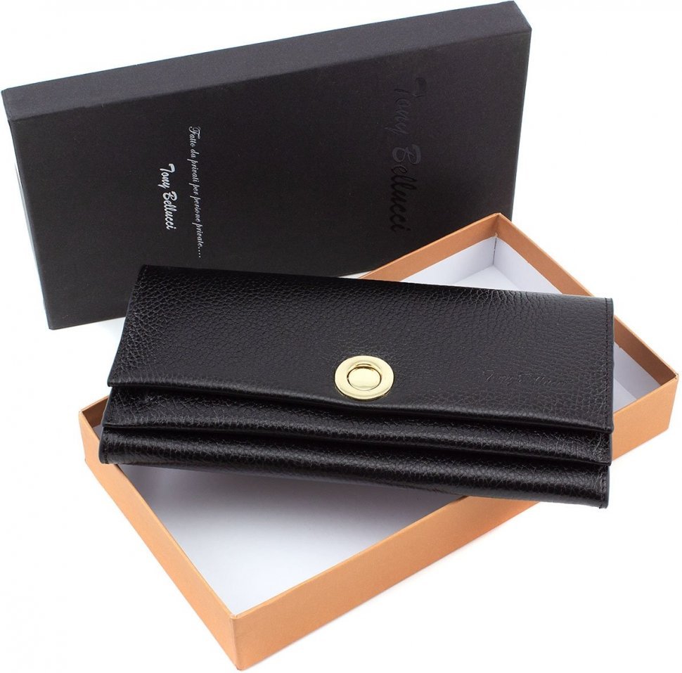 Великий гаманець чорного кольору з фактурної шкіри на клямці Tony Bellucci (10597)