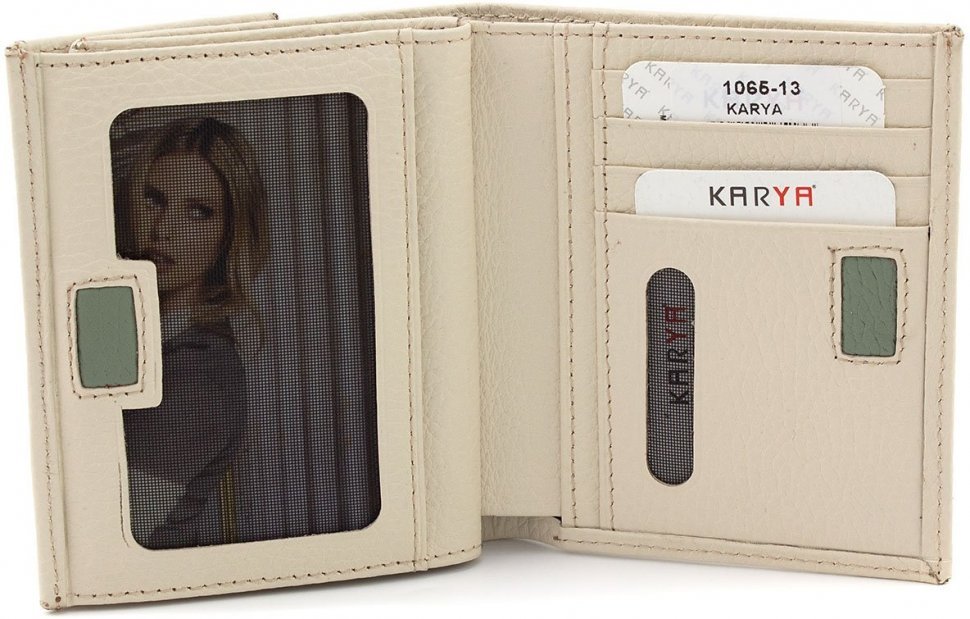 Якісний жіночий гаманець подвійного складання зі світло-бежевої шкіри KARYA (19992)