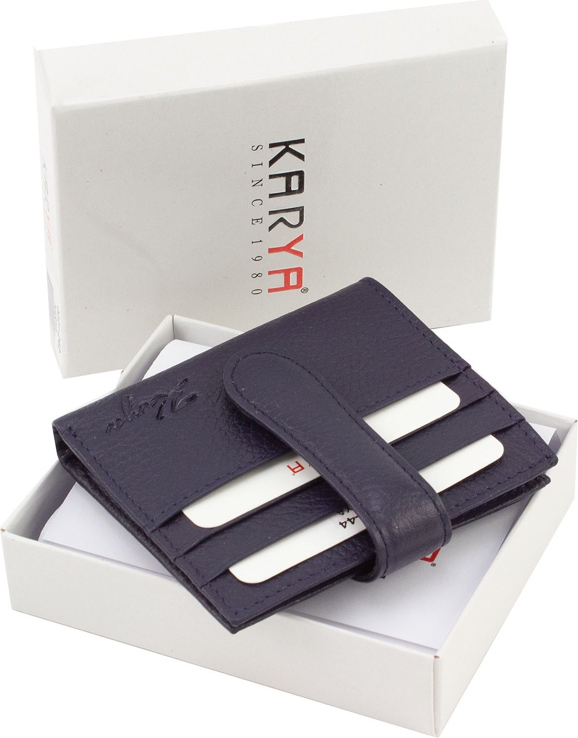 Темно-синий кожаный кошелек с фиксацией на хлястик с кнопкой KARYA (21047)