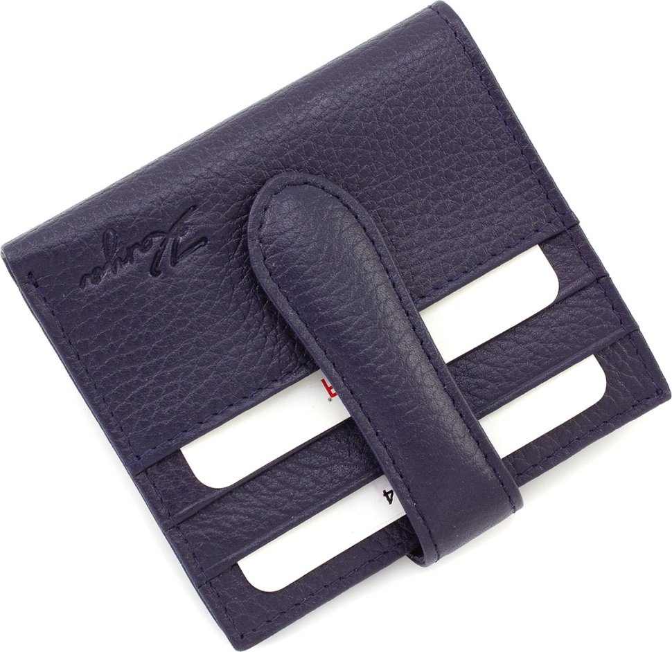Темно-синій шкіряний гаманець з фіксацією на хлястик з кнопкою KARYA (21047)