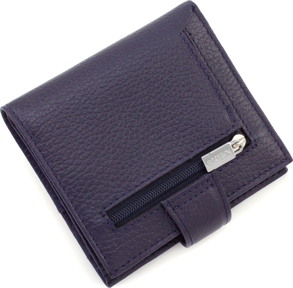 Темно-синий кожаный кошелек с фиксацией на хлястик с кнопкой KARYA (21047)