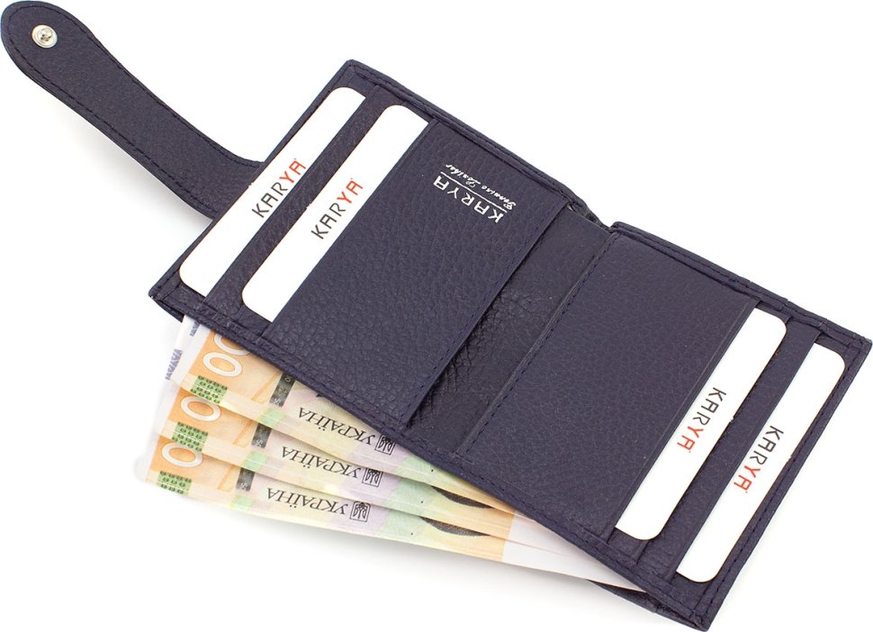 Темно-синій шкіряний гаманець з фіксацією на хлястик з кнопкою KARYA (21047) фото №5 Темно-синій шкіряний гаманець з фіксацією на хлястик з кнопкою KARYA (21047) modnotak фото №5