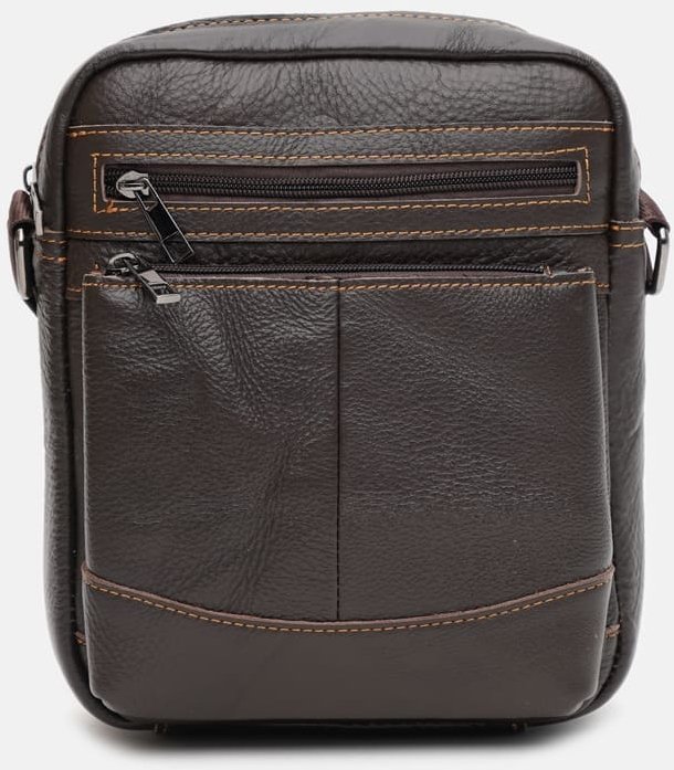 Невелика чоловіча шкіряна сумка-планшет коричневого кольору з рудою строчкою Keizer (19343)
