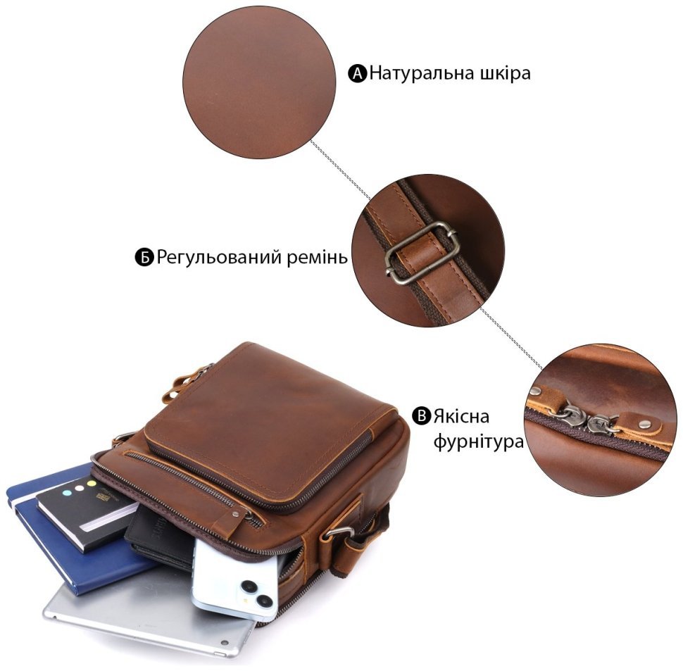 Повседневная мужская сумка барсетка из натуральной кожи с ручкой для носки Vintage 98176 коричневого цвета modnotak фото №4