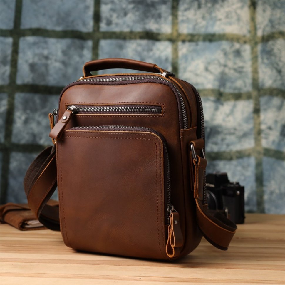 Повседневная мужская сумка барсетка из натуральной кожи с ручкой для носки Vintage 98176 коричневого цвета modnotak фото №9