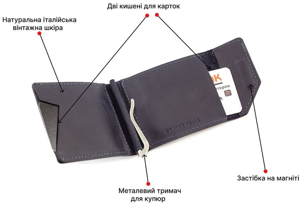 Темно-синій затиск для грошей ручної роботи Grande Pelle (13029) фото №4 Темно-синій затиск для грошей ручної роботи Grande Pelle (13029) modnotak фото №4