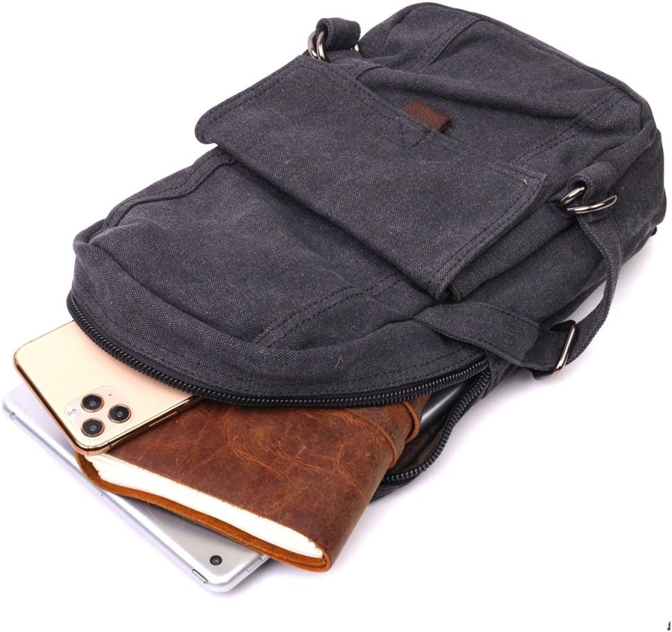Чорний чоловічий текстильний слінг-рюкзак у стилі мілітарі Vintagе 2422179