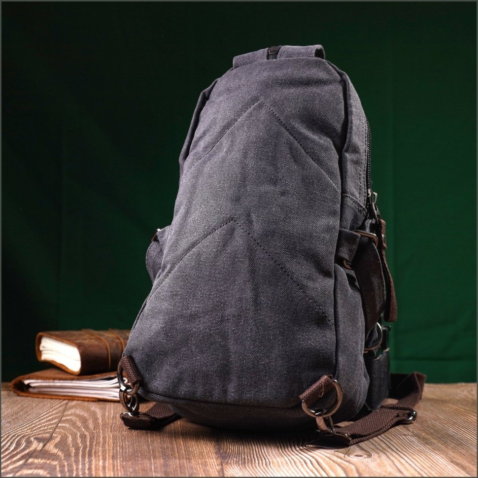 Черный мужской текстильный слинг-рюкзак в стиле милитари Vintagе 2422179