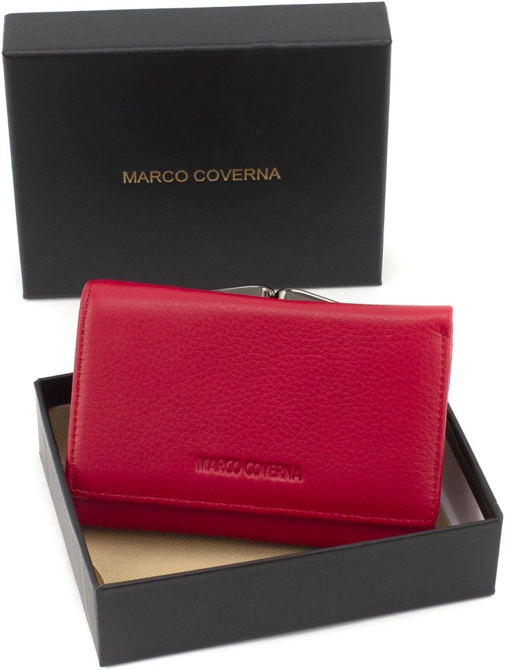 Небольшой женский кошелек из наутральной кожи красного цвета с монетницей Marco Coverna 68676