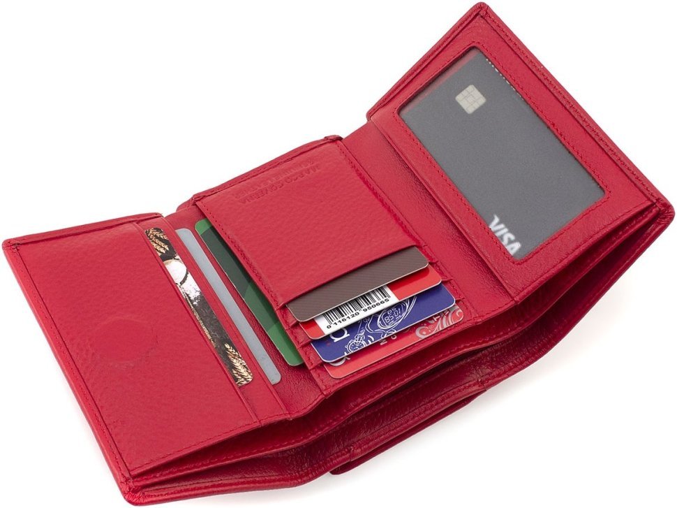 Небольшой женский кошелек из наутральной кожи красного цвета с монетницей Marco Coverna 68676