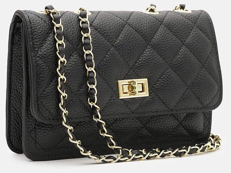 Стеганая женская сумка из фактурной кожи с плечевым ремнем-цепочкой Borsa Leather 108876 черная modnotak фото №2