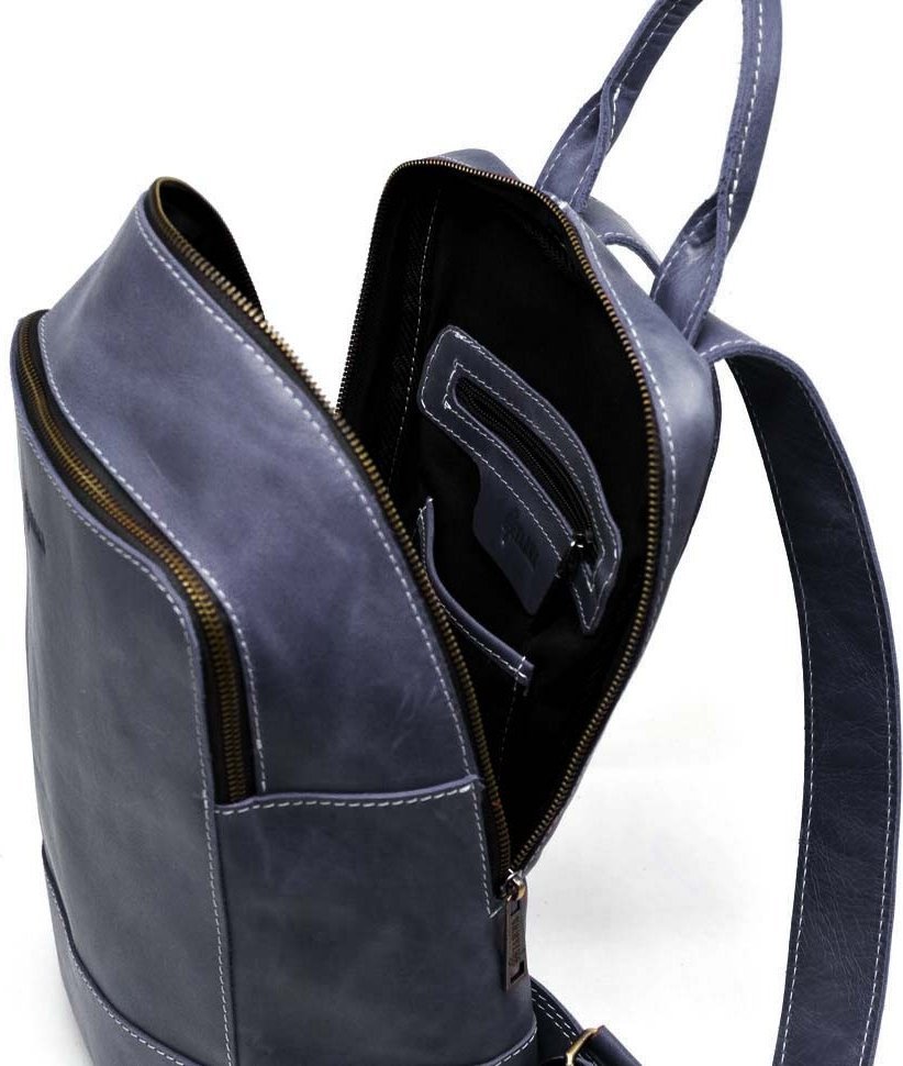 Жіночий синій рюкзак із вінтажної шкіри на дві блискавки TARWA (21782)