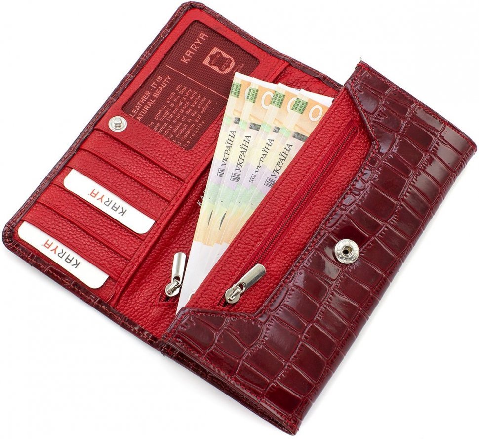 Лаковий класичний жіночий гаманець червоного кольору під крокодила KARYA (19560)