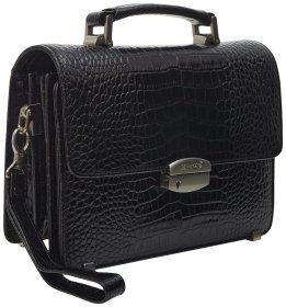 Черная мужская барсетка из качественной кожи с тиснением под крокодила Desisan 80777