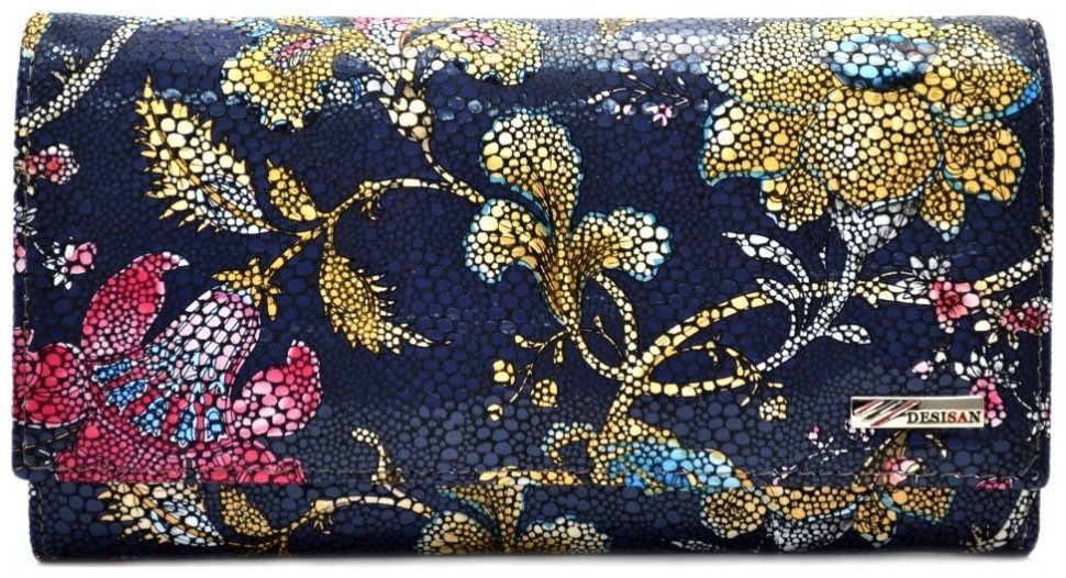 Большой женский кошелек из натуральной кожи синего цвета с ярким принтом Desisan 81577 modnotak фото №1