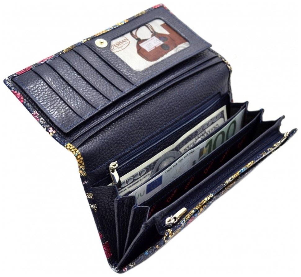 Большой женский кошелек из натуральной кожи синего цвета с ярким принтом Desisan 81577 modnotak фото №3