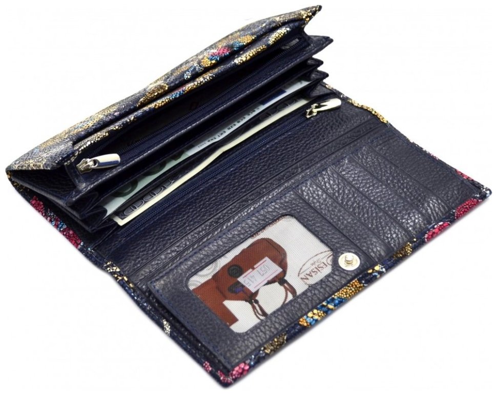 Большой женский кошелек из натуральной кожи синего цвета с ярким принтом Desisan 81577 modnotak фото №4
