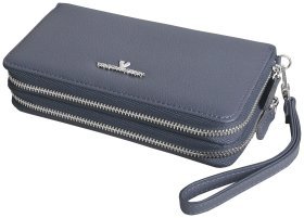 Великий місткий клатч зі шкіри 2 відділення на блискавці з кистьовим ремінцем Vip Collection 102377 сіра