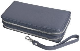 Великий місткий клатч зі шкіри 2 відділення на блискавці з кистьовим ремінцем Vip Collection 102377 сіра