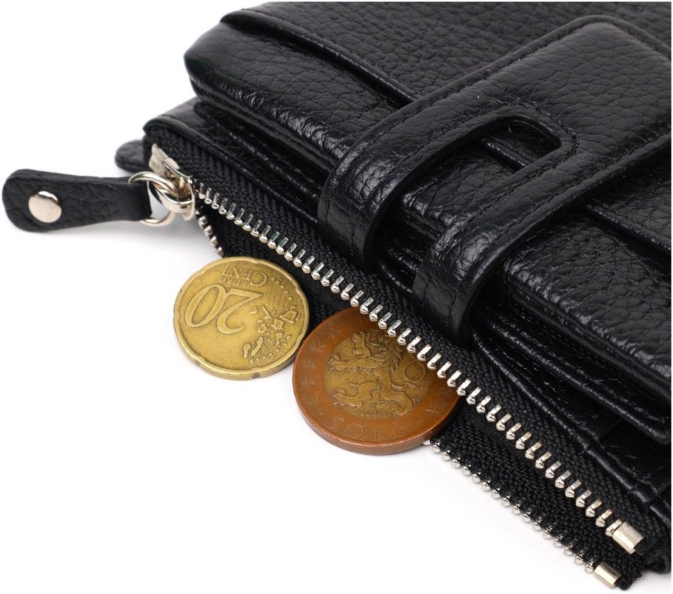 Практичный женский кошелек из натуральной кожи черного цвета с хлястиком на кнопке Tony Bellucci (2422060)