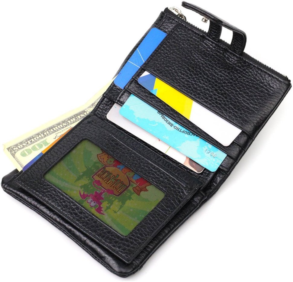 Практичний жіночий гаманець із натуральної шкіри чорного кольору з хлястиком на кнопці Tony Bellucci (2422060)