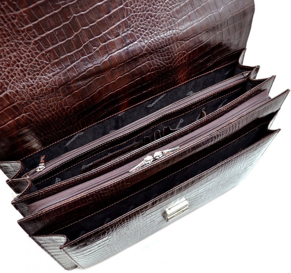 Мужской деловой портфель из натуральной коричневой кожи под крокодила Desisan (217-19)
