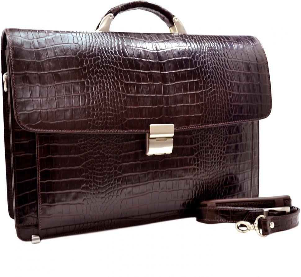 Мужской деловой портфель из натуральной коричневой кожи под крокодила Desisan (217-19)