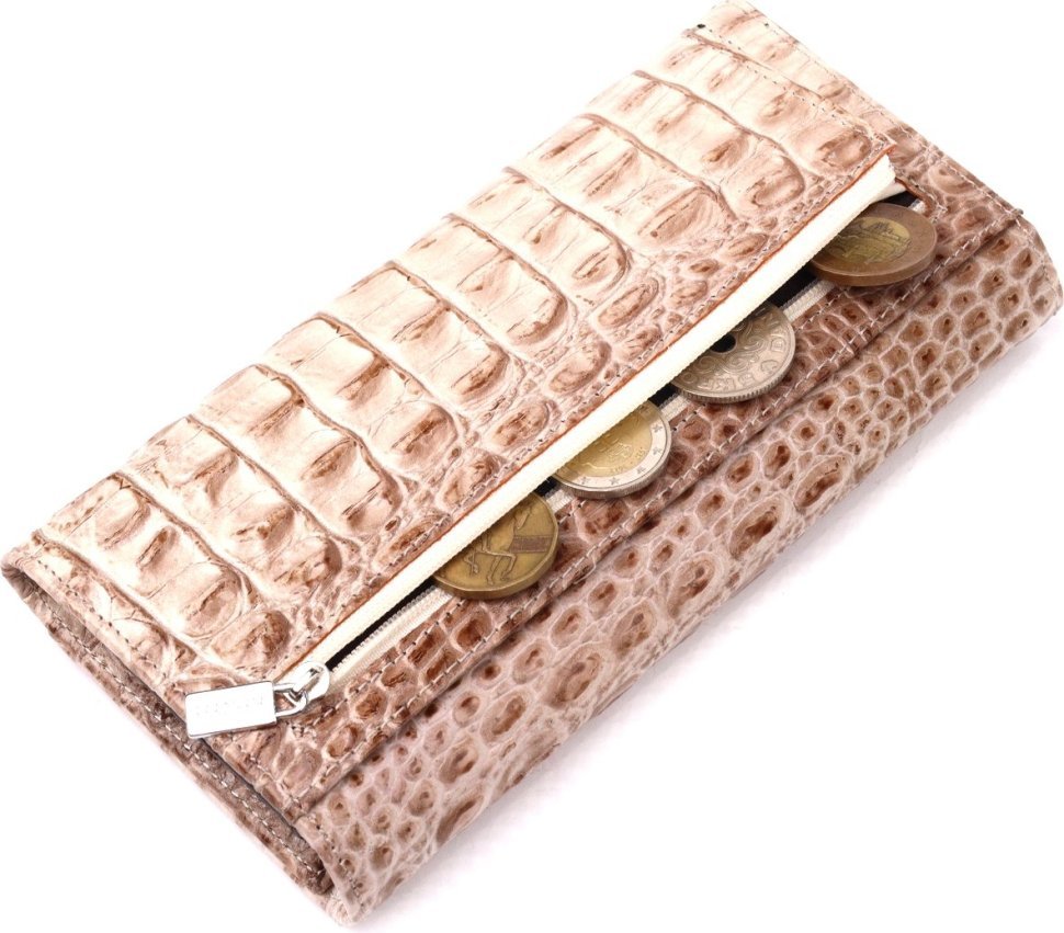 Жіночий гаманець бежевий з натуральної шкіри з тисненням під крокодила KARYA (2421163)