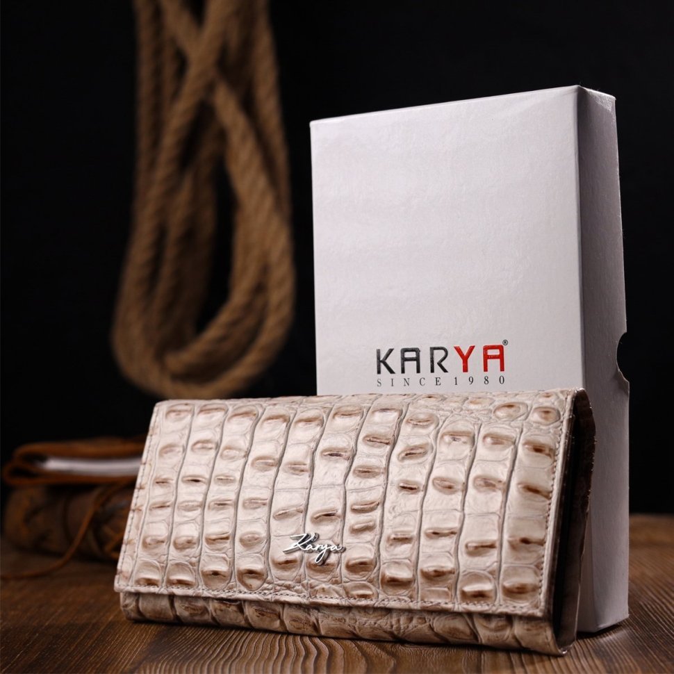 Жіночий гаманець бежевий з натуральної шкіри з тисненням під крокодила KARYA (2421163)
