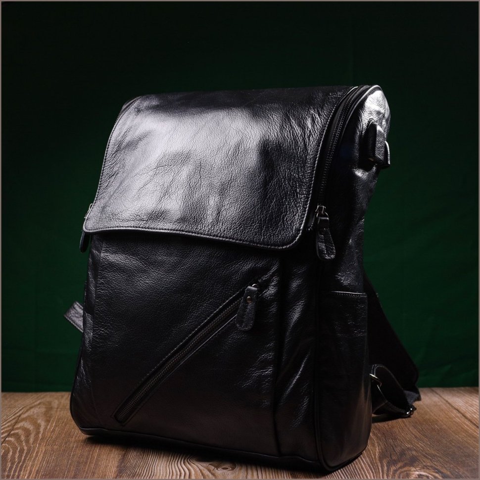 Кожаный рюкзак черного цвета с отсеком под ноутбук Vintage 2422249