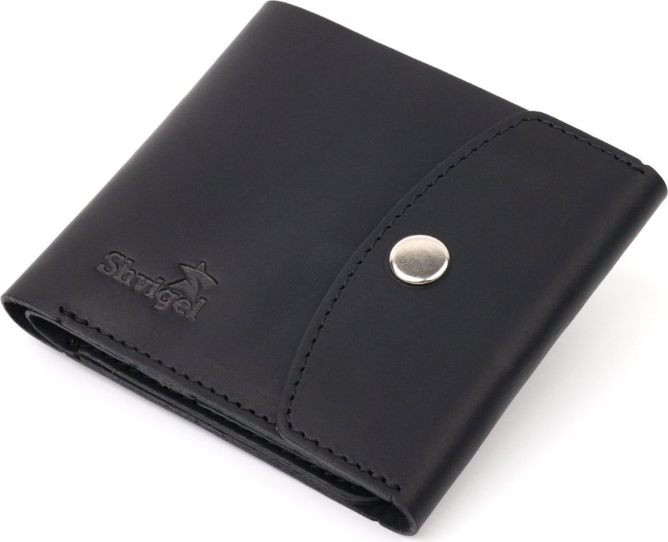 Шкіряне матове чоловіче портмоне чорного кольору на кнопці Shvigel (2416612)