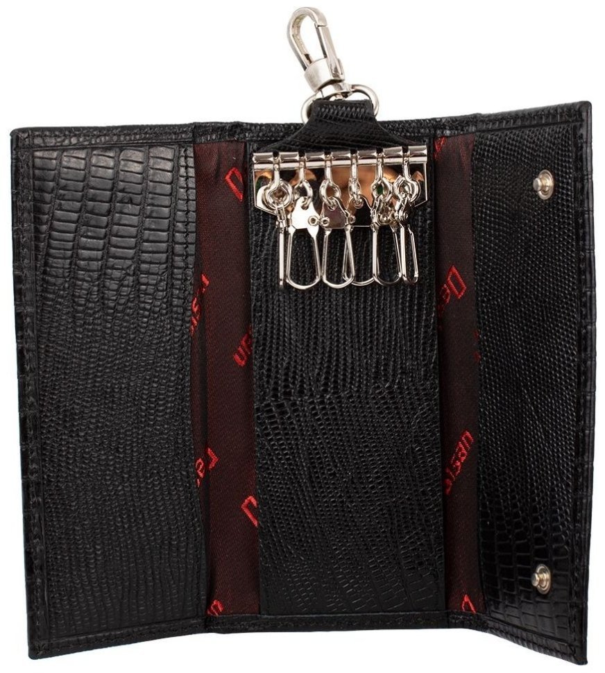 Кожаная ключница с лазерной текстурой на кнопке с карабином для крепления на сумке Desisan 107577 черного цвета фото №4 Кожаная ключница с лазерной текстурой на кнопке с карабином для крепления на сумке Desisan 107577 черного цвета modnotak фото №4