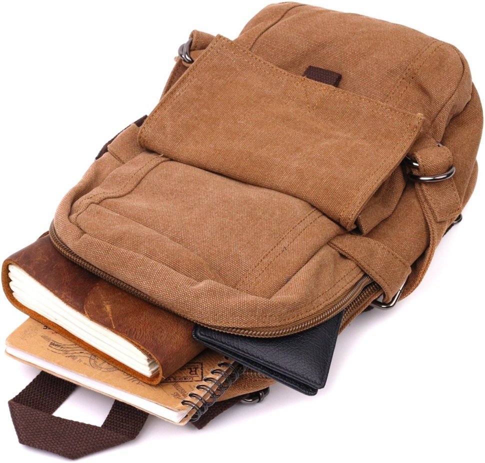 Місткий текстильний чоловічий-рюкзак слінг коричневого кольору Vintagе 2422180
