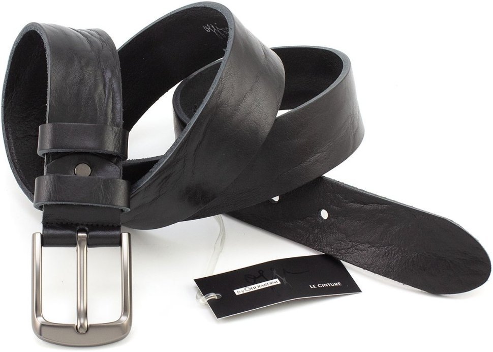 Прочный кожаный мужской ремень итальянского производства с сатиновой пряжкой Gherardini 40732-GH-black черного цвета