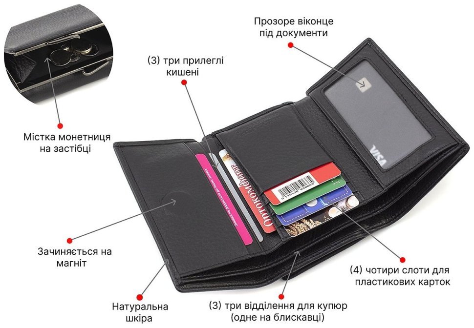 Женский черный кошелек небольшого размера из натуральной кожи с монетницей Marco Coverna 68677 modnotak фото №4