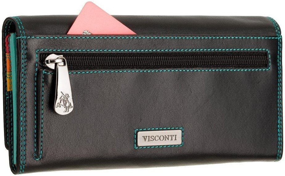 Жіночий шкіряний гаманець чорного кольору з бірюзовою строчкою та RFID - Visconti Paloma 69277