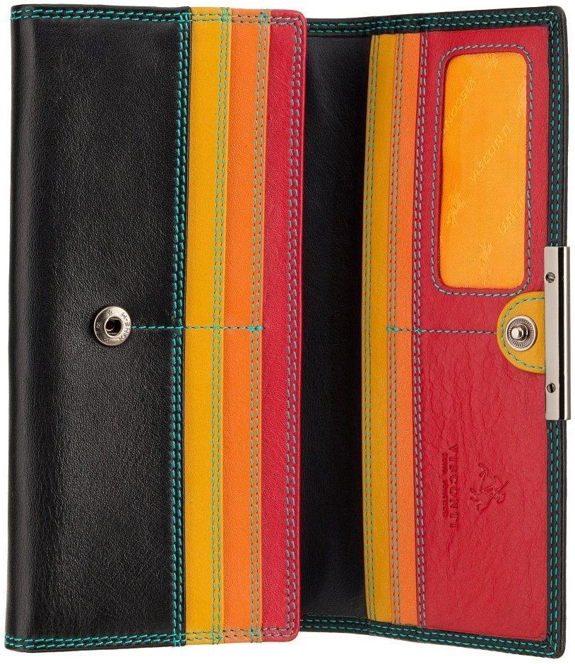 Женский кожаный кошелек черного цвета с бирюзовой строчкой и RFID - Visconti Paloma 69277