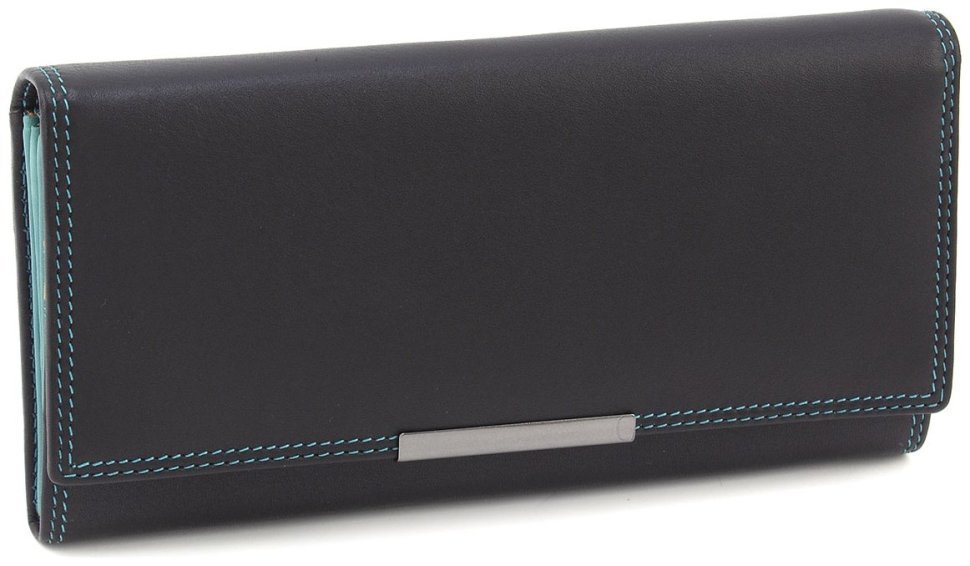 Женский кожаный кошелек черного цвета с бирюзовой строчкой и RFID - Visconti Paloma 69277