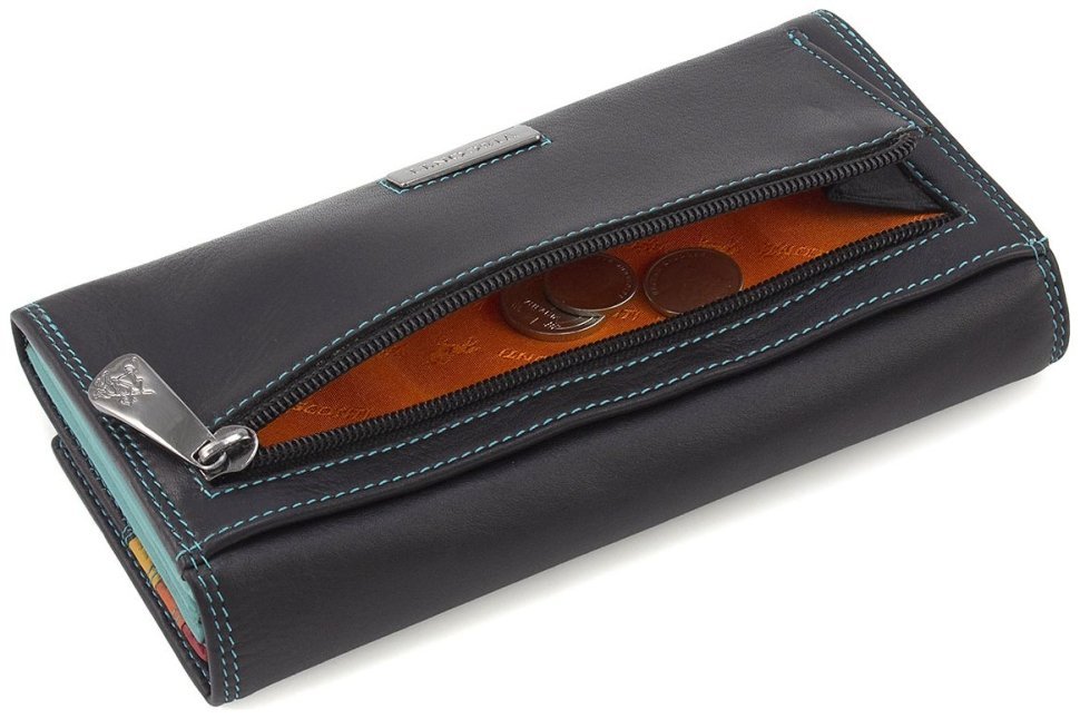 Жіночий шкіряний гаманець чорного кольору з бірюзовою строчкою та RFID - Visconti Paloma 69277