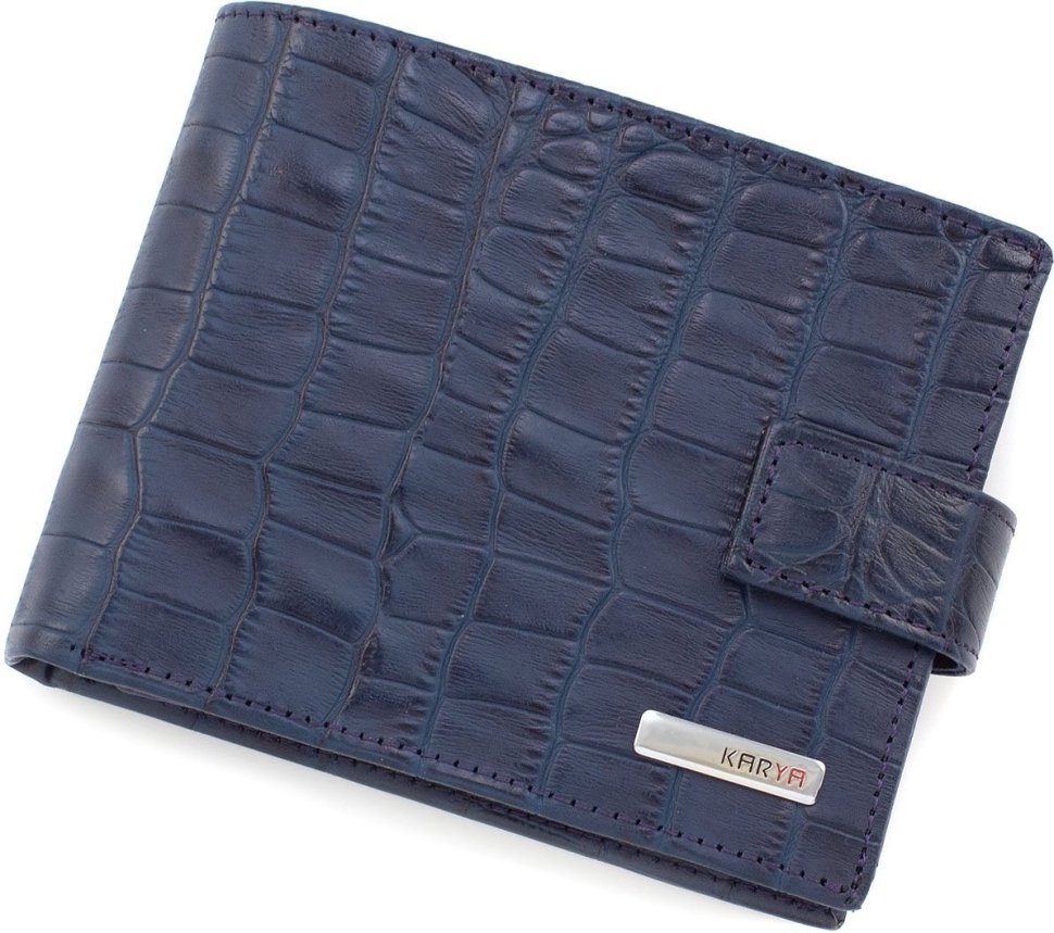 Синій чоловічий гаманець зі шкіри високої якості з блоком під документи KARYA (15586)