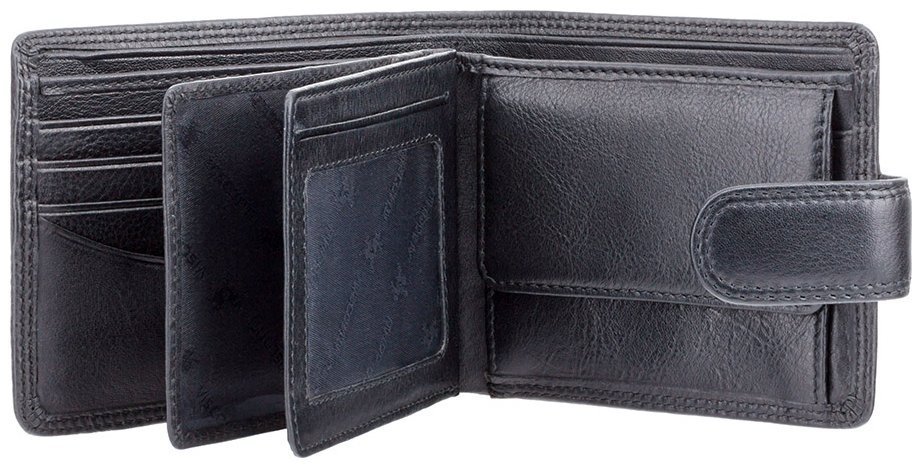 Мужское кожаное портмоне черного цвета с хлястиком на кнопке Visconti Strand 70678