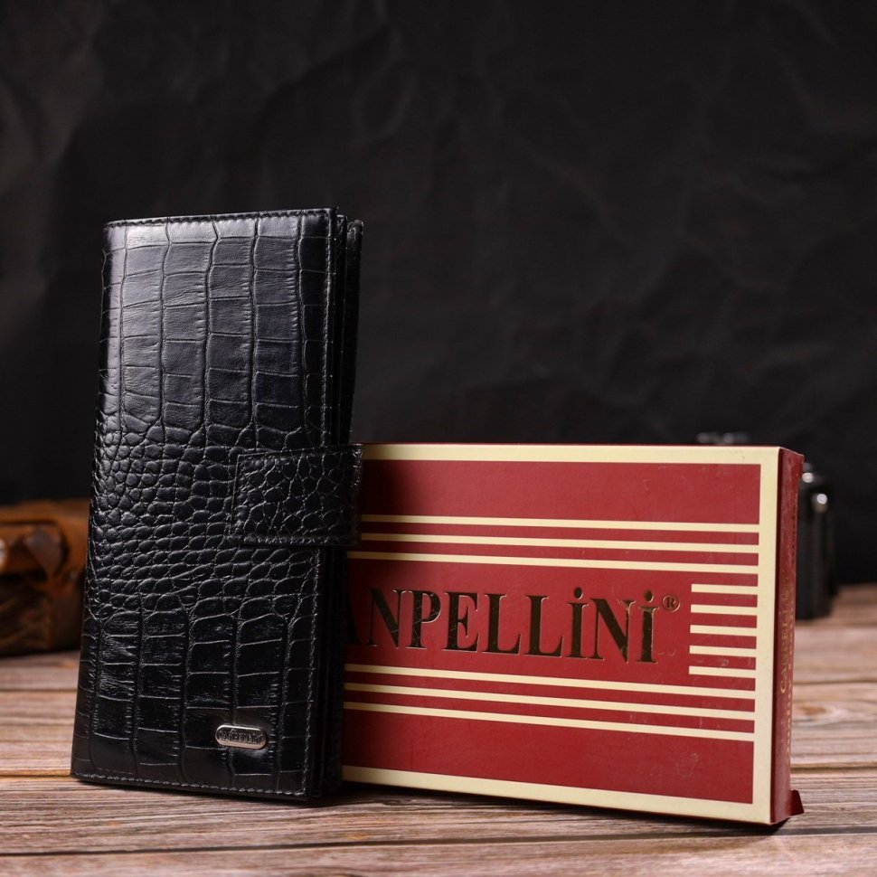 Вертикальний гаманець із натуральної чорної шкіри з тисненням під крокодила CANPELLINI (2421914)