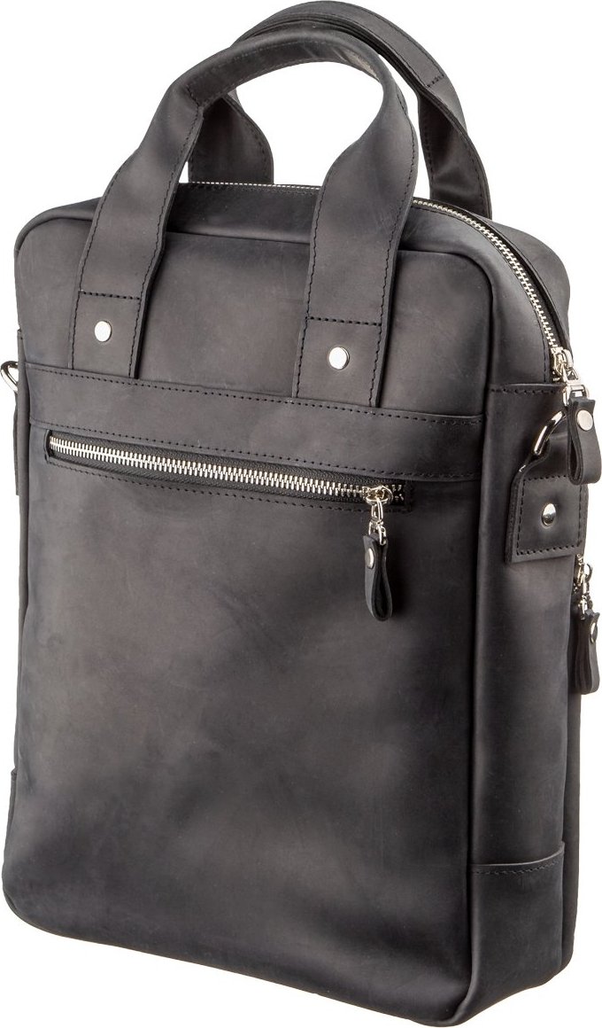 Черная мужская вертикальная сумка под формат А4 из винтажной кожи SHVIGEL (11169)