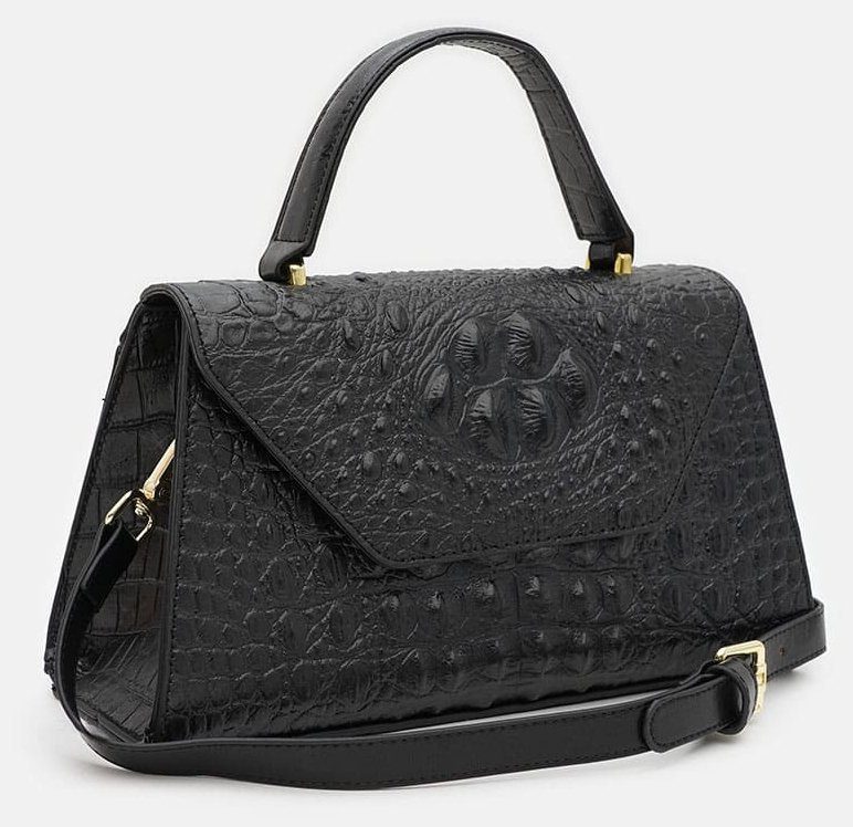 Cумка трапеция с тиснением под крокодила Borsa Leather 94678 черного цвета modnotak фото №2