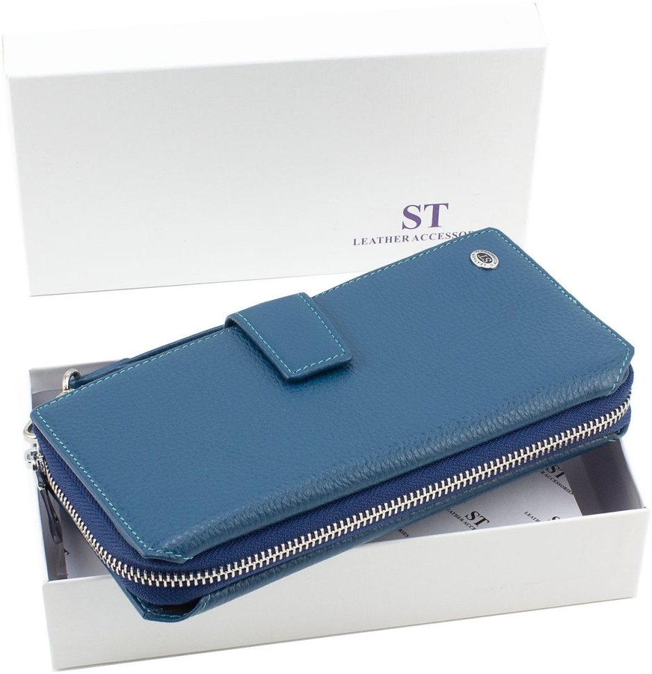Большой женский кошелек-клатч синего цвета из натуральной кожи ST Leather 1767378