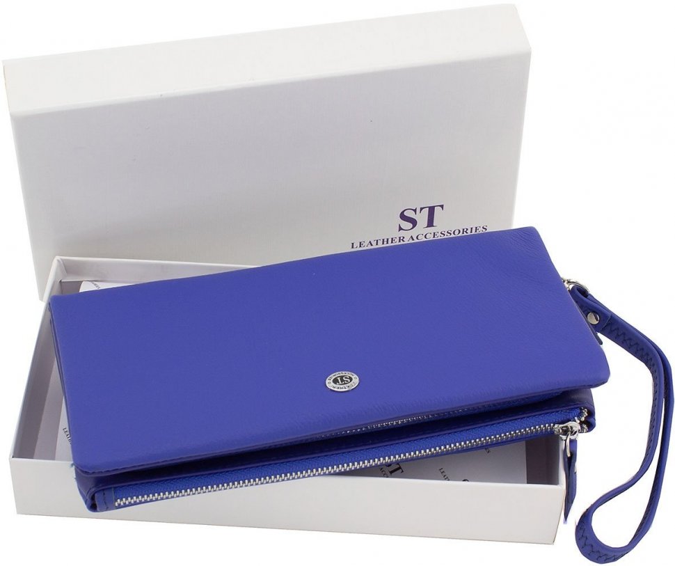 Жіночий великий синій гаманець-клатч з натуральної шкіри на два відділи ST Leather (15407)
